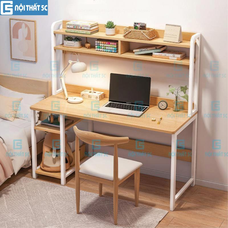 NỘI THẤT 5C Bàn học có giá sách liền kệ 2 tầng KHÔNG KÈM GHẾ mặt gỗ MDF chân sắt hộp để laptop sách vở chắc chắn màu Gỗ tối gỗ sáng BH-073 Nội Thất 5C