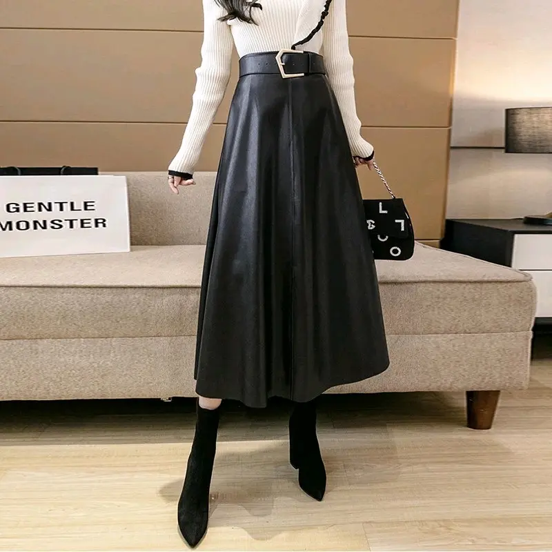 Rok semi kulit Rempel rok wanita panjang pinggang karet highwaist terbaru 3