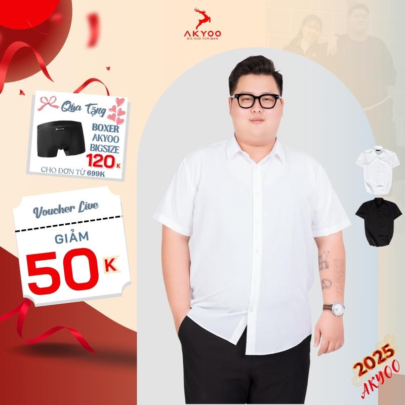 Áo sơ mi big size nam AKYOO 80 - 130kg, màu đen - trắng, vải lụa, cao cấp, thanh lịch, Menswear shirt Cổ Tròn