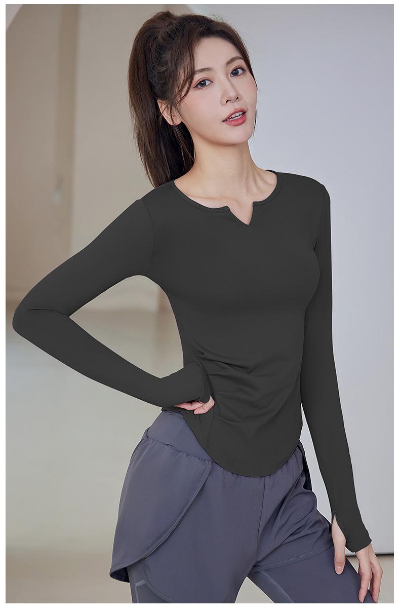 Product Introduction of New Running Sports Fitness Women'S Solid Color V-Neck Hoodie Long Sleeve Yoga Top 9