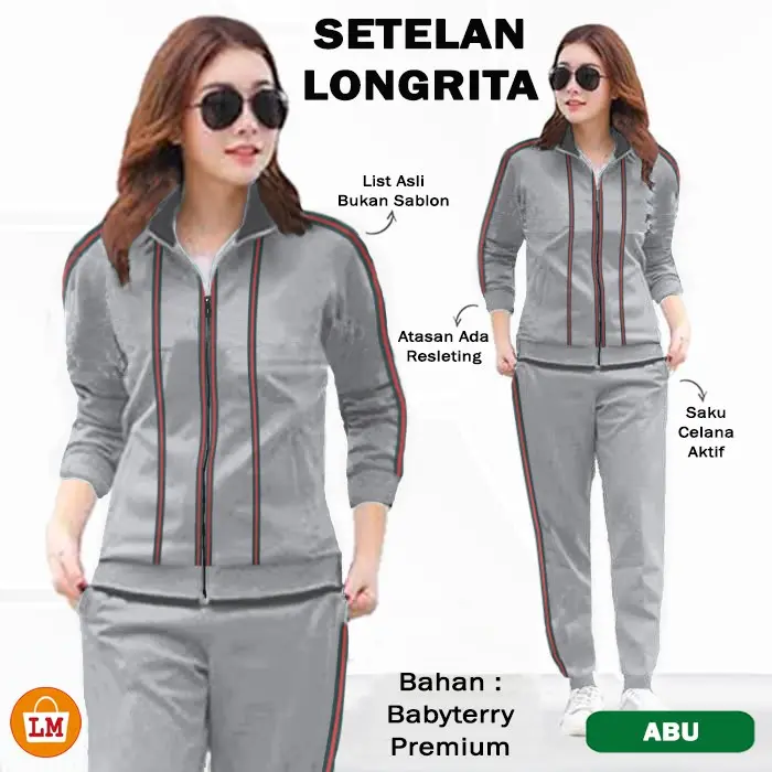 LPM 29370 LONGRITA SET Babyterry List Setelan Pakaian Olahraga Wanita Kaos Celana Training Senam Lari Size XL-XXXL Adem Serap Keringat