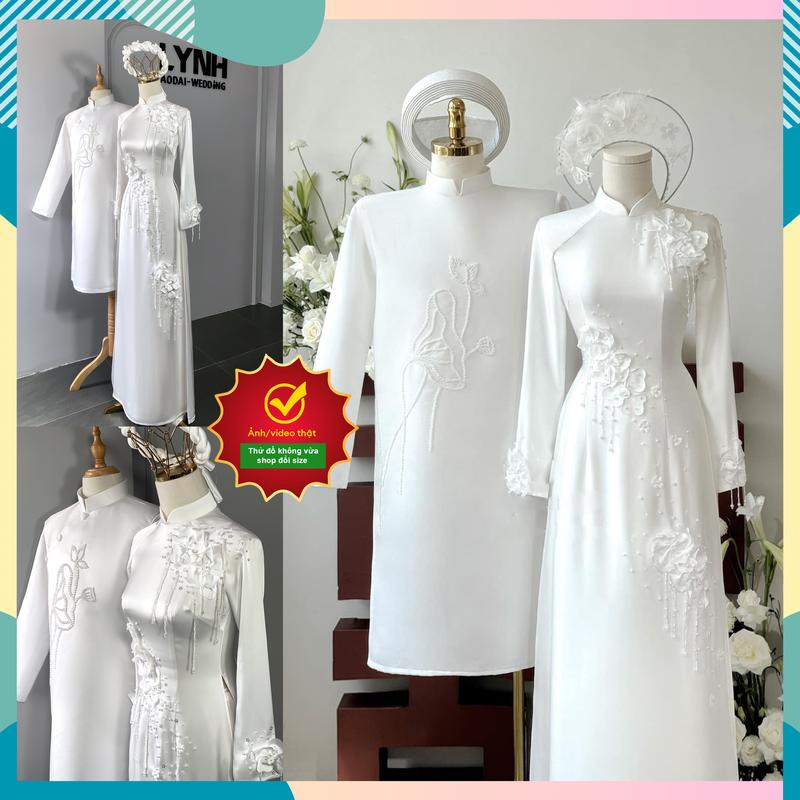 Áo dài cặp THIẾT KẾ KIỂU DÁNG HOA TRÀ sang trọng MẦU TRẮNG - Áo dài Lynh 0