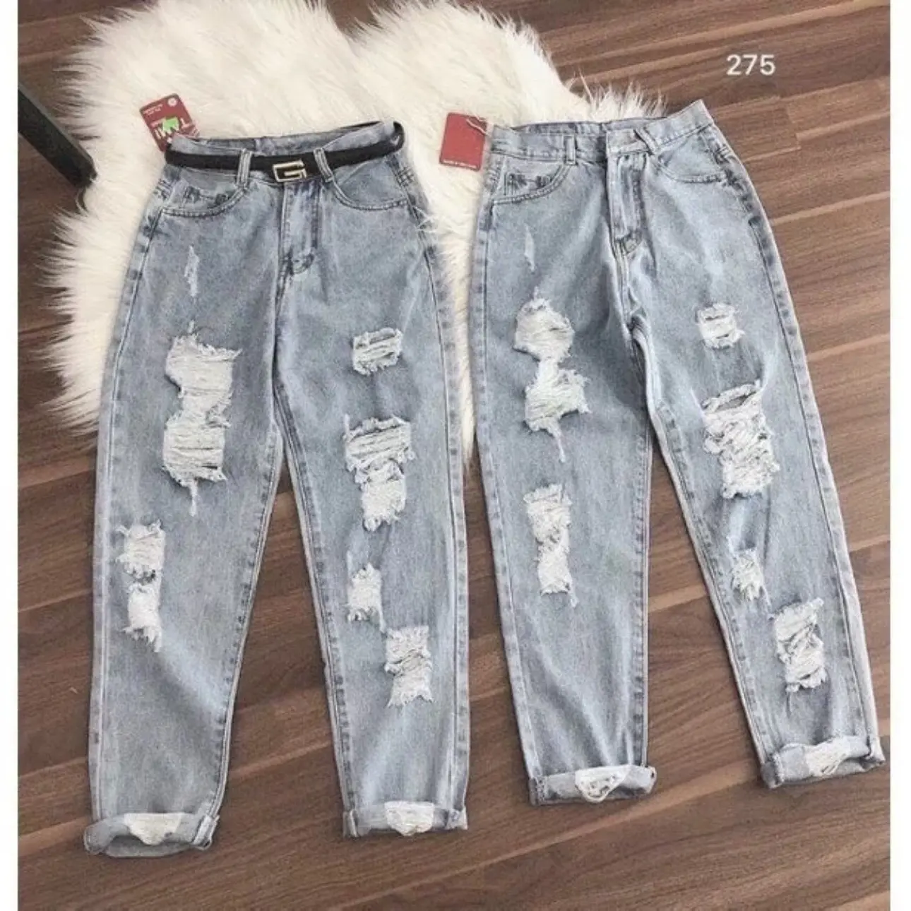 Quần baggy jean nữ ống Đứng lưng cao k co giãn ,Quần jean nữ xanh rách from 9 tấc NJ275