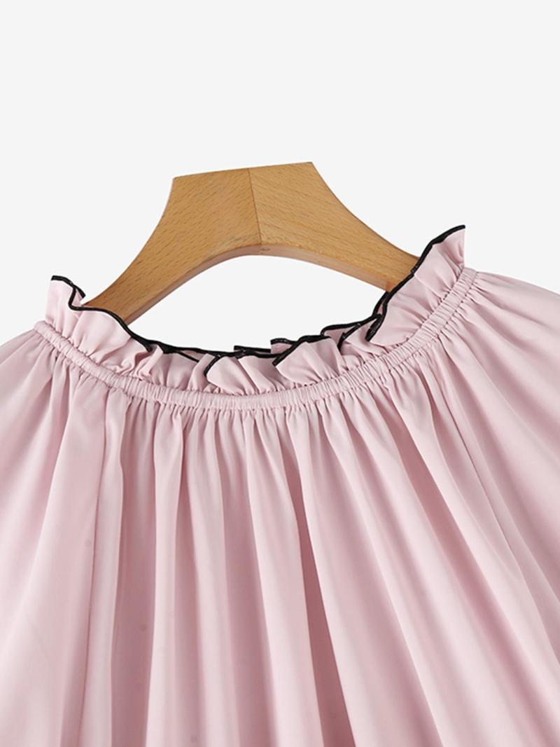 Product Introduction of Women's Plain Contrast Binding Frill Trim Pleated Blouse, Casual Batwing Sleeve Boat Neck Top for Spring & Fall, Women's Clothing for Daily Wear 4
