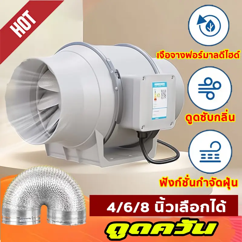 พัดลมระบายอากาศ เครื่องดูดควัน ลมแรง ฟังก์ชั่นการระบายอากาศ ขจัดกลิ่น ลดความชื้นและกำจัดฝุ่น(4/6/8 นิ้ว)