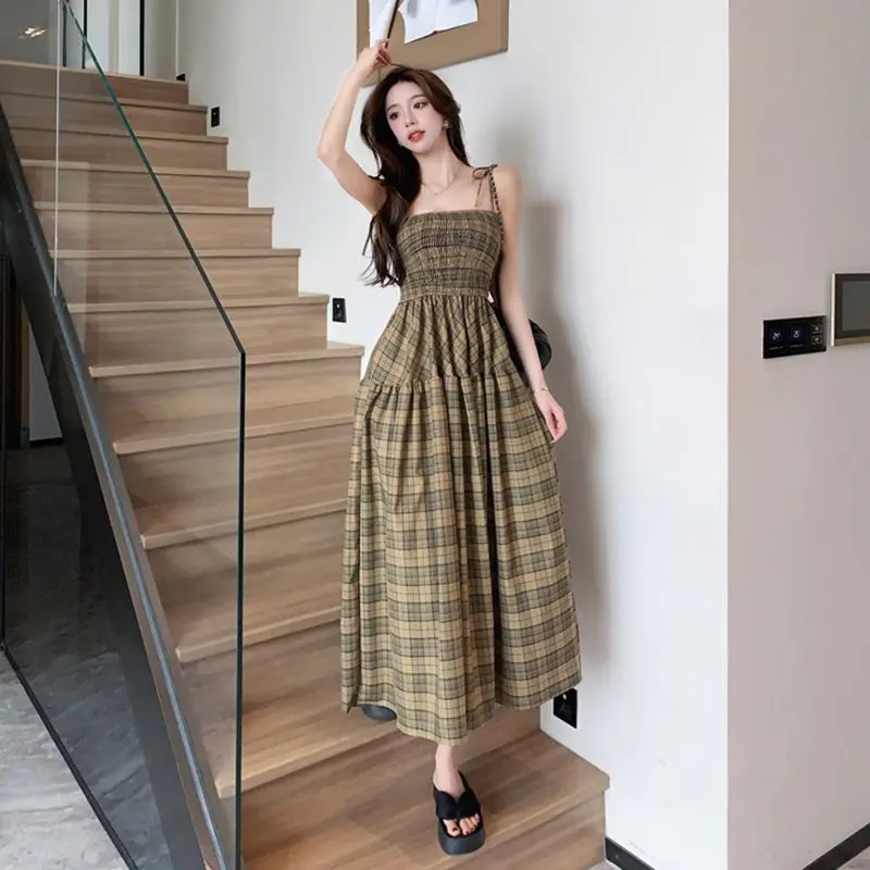 Váy Hai Dây Kẻ Sọc Cổ Điển Mùa Hè, Dành Cho Phụ Nữ, Dài Trung Bình Dài, Eo Bó Sát, Xếp Ly, Không Tay, Váy xòe Lớn, Hàng Mới Về