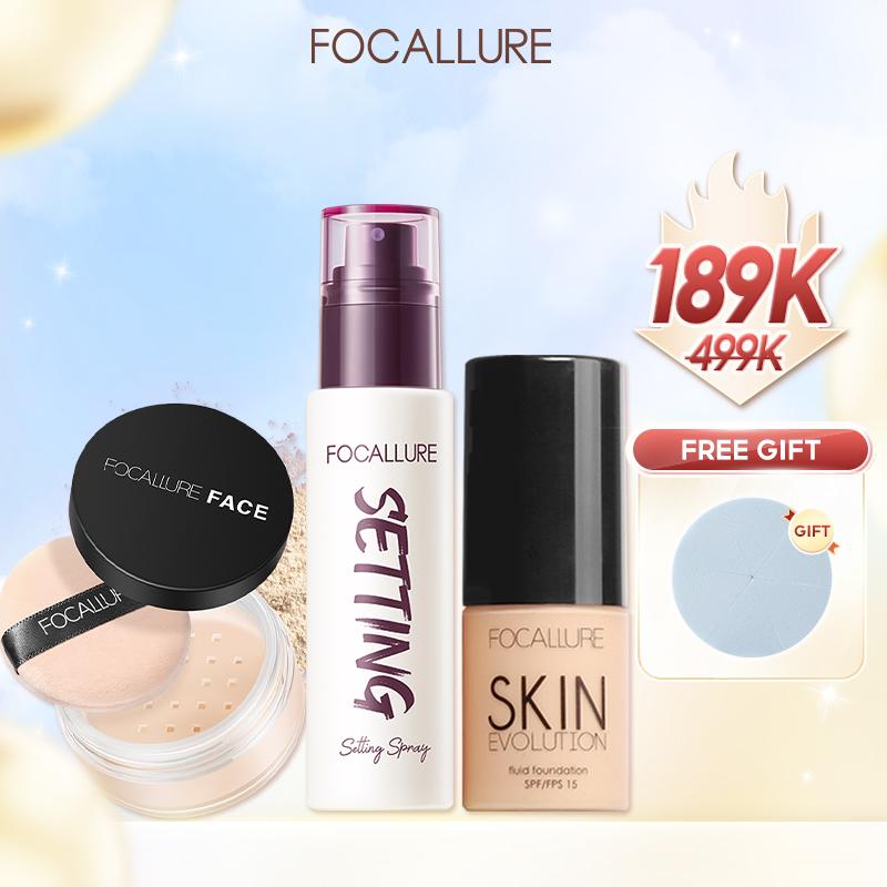 【ẶNG BÔNG MÚT FOCALLURE Combo 3 Món Kem Nền Dạng Lỏng + Xịt Khóa Hỗ Trợ Cố ĐỊnh Lớp Trang Điểm + Phấn Phủ Hỗ Trợ Kiềm Dầu Phù Hợp Trang Điểm Hằng Ngày Cho Mọi Loại Da