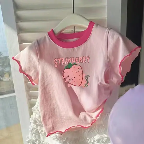 Áo ngắn Tay Mùa Hè Cho Bé Gái, Chất Liệu Cotton Mới, In Hình Hoạt Hình Tai, Thiết Kế Hoa Và Gỗ, Thích Hợp Cho Em Bé Mặc Trong Và Mặc Thường Ngày, Cổ Tròn, Mỏng