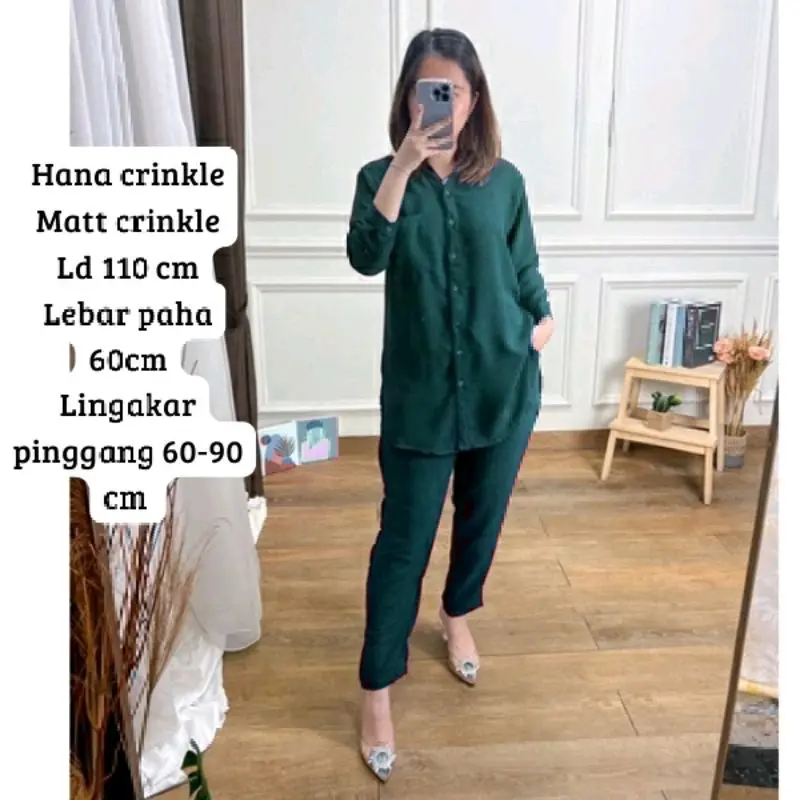 Hana Set Crincle Airflow Premium Wanita Celana Crinkle  Setelan Baju Kancing Panjang Kulot Dewasa 2