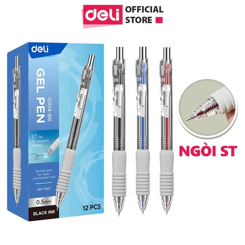  COMBO BÚT GEL ĐỆM XỐP DELI EG104 NGÒI 0.5MM MỰC ĐEN XANH ĐỎ. BÚT VIẾT ÊM. NGÒI THAY THẾ S206 
