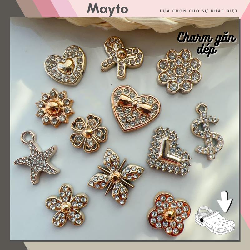  Sticker Charm 3D chủ đề Bling tim nơ 12 DIY Mayto nhựa cứng gắn Dép Sục Cá Sấu JB-134 