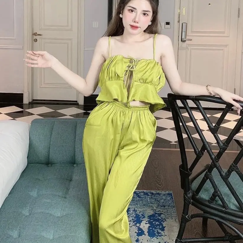 Bộ Đồ Ngủ Nữ Quần Dài Áo Hai Dây Cột Nơ Chất Lụa Xước Mềm Mịn, Freesize 40-55kg pijama Women