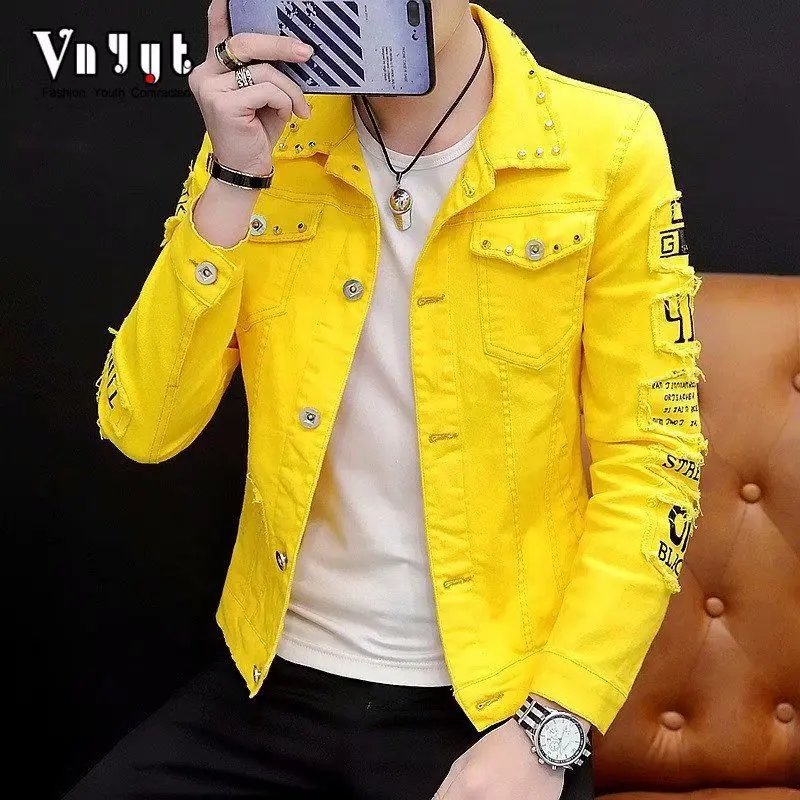 Áo Khoác Denim, Dành Cho Nam Giới, Trang Phục Mùa Xuân Và Mùa Thu, Phong Cách Hàn Quốc, Ôm Sát, Áo Khoác Thường Ngày Quần Áo Nam, Hợp Xu hướng Của Người Nổi Tiếng Trên Internet, Phong Cách Hộp Đêm, In, Áo Khoác Đẹp Trai