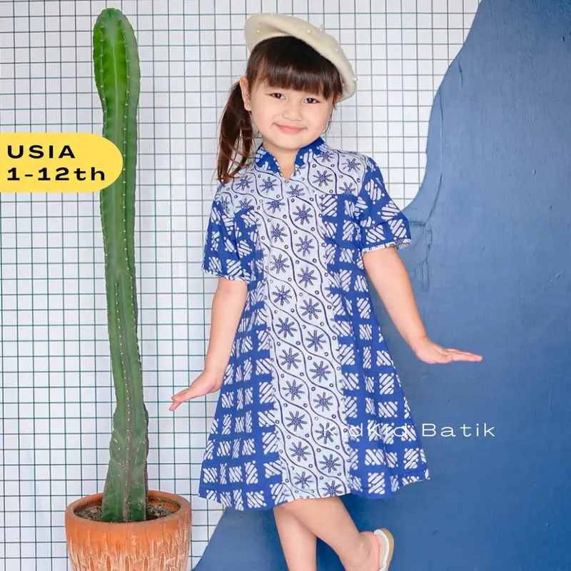 Batik Couple Anak Baju Batik Anak Couple Kakak Adik Warna Biru Kemeja Dress Sarimbit 1