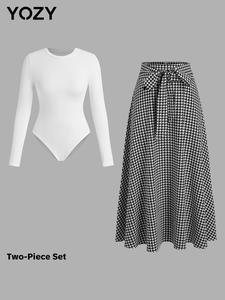 YOZY Women's Solid Bodysuit & Houndstooth Print Tie Front Skirt Two-piece Set, Long Sleeve Round Neck Bodysuit & A Line Skirt, Women's Clothes for Spring & Fall