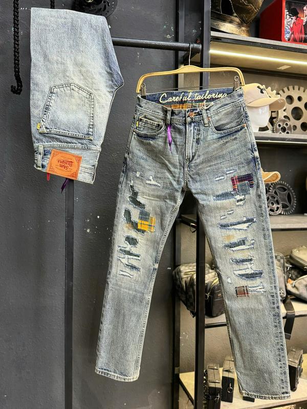 [ Jean Denim Guangzhou 8005-13Oz ] Quần Jean Nam BienZIN Dài Màu Xanh Was Rách Mạng Chỉ Caro J3749 K3 STORE