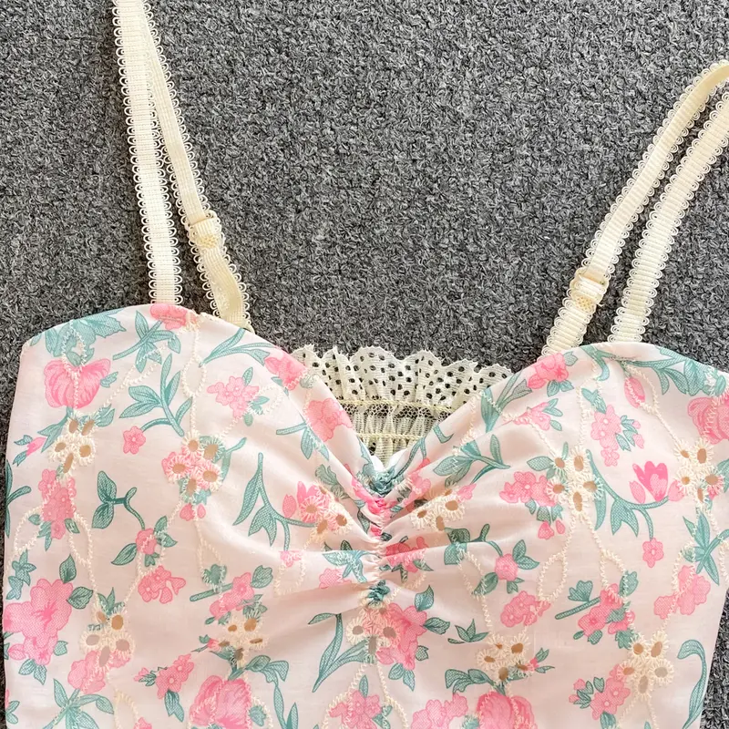 Comfitstore Und334 Tanktop Pantai Wanita Motif Bunga Bagian Dada Kerut Jiso Lembut Nyaman Busa Panjang Pink Kotak Pita 3
