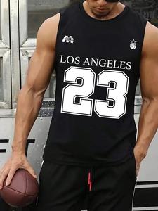 Men's Los Angeles Number Print Tank Top, Loose Casual Breathable Quick Drying Sleeveless Basketball Vest, Summer Sports Top for Men