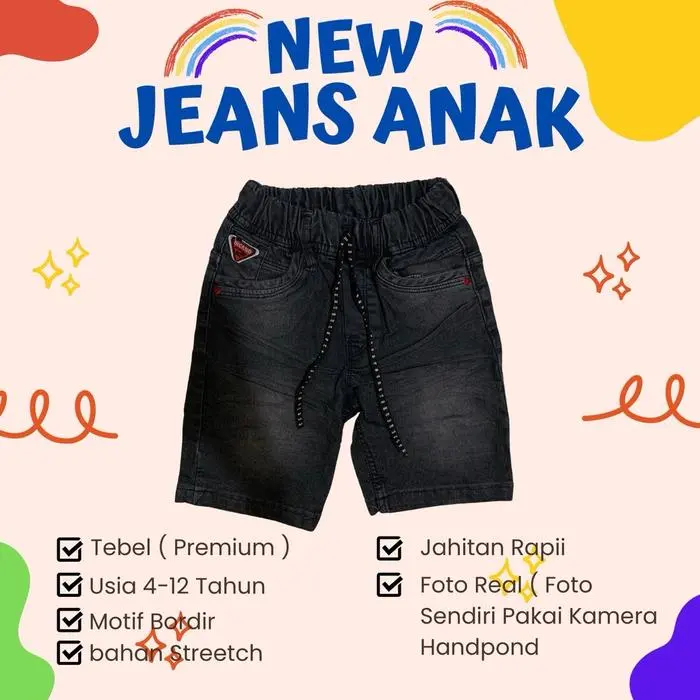Celana Pendek Anak Laki Laki Premium Usia 4-12 Tahun Motif Rinkel Permanen Warna Abu Motif Bordir jeans - black, 1 1