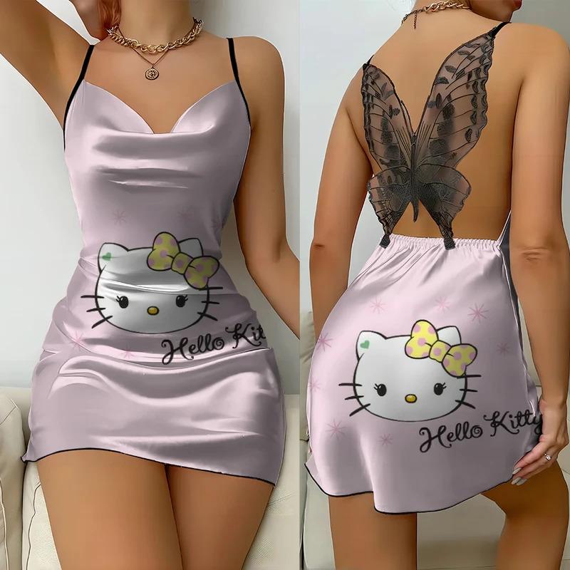 Váy Ngủ In Hình Hello Kitty, Sanrio, Vải Satin Mùa Hè, Thiết Kế Hở Lưng Gợi Cảm, Ren Bướm, Phong Cách Mặc Lót, Thích Hợp Để Nhập Vai Và Mặc Thường Ngày Váy Mặc Ngủ Thoải Mái Cho Nữ 1