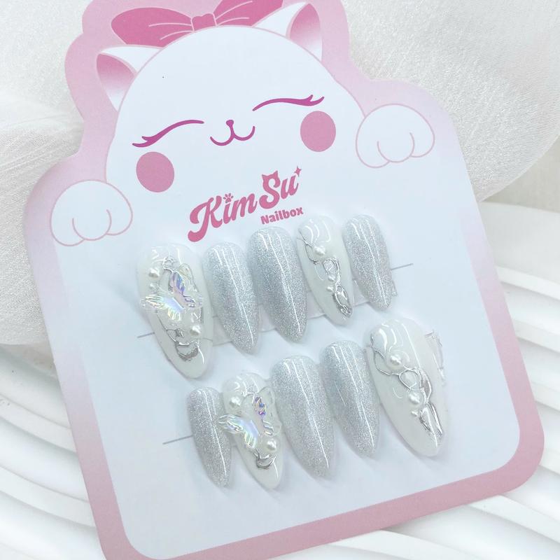 [M092] KimSu Nailbox chụp kỷ yếu màu bạc mắt mèo đính hồ điệp vẽ họa tiết