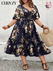 CURVZY Plus Size Floral Print Belted V Neck Dress, Boho Fashion Casual Half Sleeve Dress for Daily Holiday Vacation Wear, Women Plus Clothing for Summer