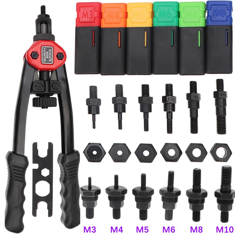 Product Introduction of Box 150Pcs Flat Head Riveter Nut Gun BT605 Blind Heavy Hand Inser Rivet Nut Tool Manual Mandrels M3 M4 M5 M6 M8 M10 Auto Rivet 25