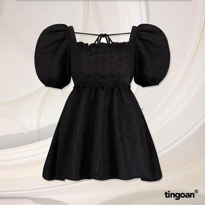 TINGOAN - Áo babydoll vải gấm cổ vuông buộc nơ lưng đen I’M BLUSHING TOP BL