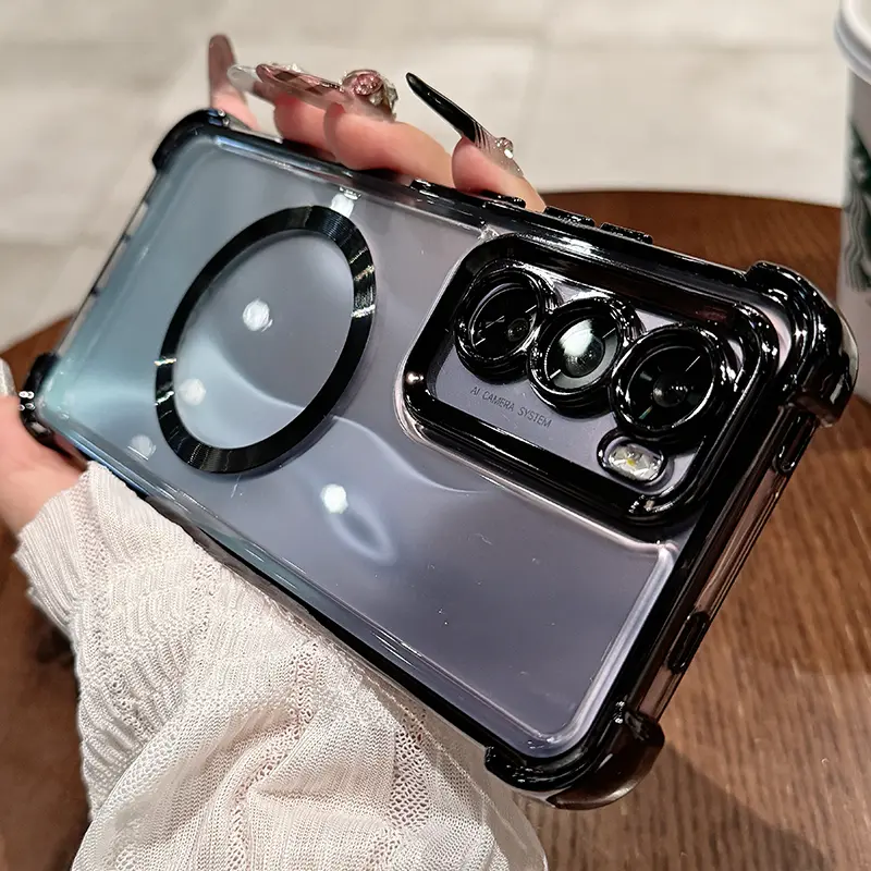 【With Lens Film】Airbag Shockproof Casing For OPPO Reno12 Reno 12 Pro 5G Soft Phone Case With Magnetic Suction Transparent Four Corner Anti Drop Back Cover