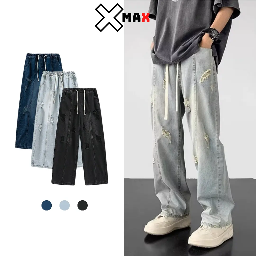 Quần jean nam loang rách XMAX quần bò ống rộng dáng suông cạp chun dây rút co giãn B133 Menswear Pants