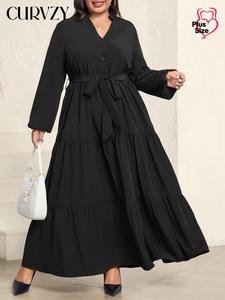 CURVZY Plus Size Solid Button Front Belted A Line Dress, Elegant Bishop Sleeve V Neck Tiered Layer Dress for Daily Outdoor Wear, Women's Clothes for All Seasons