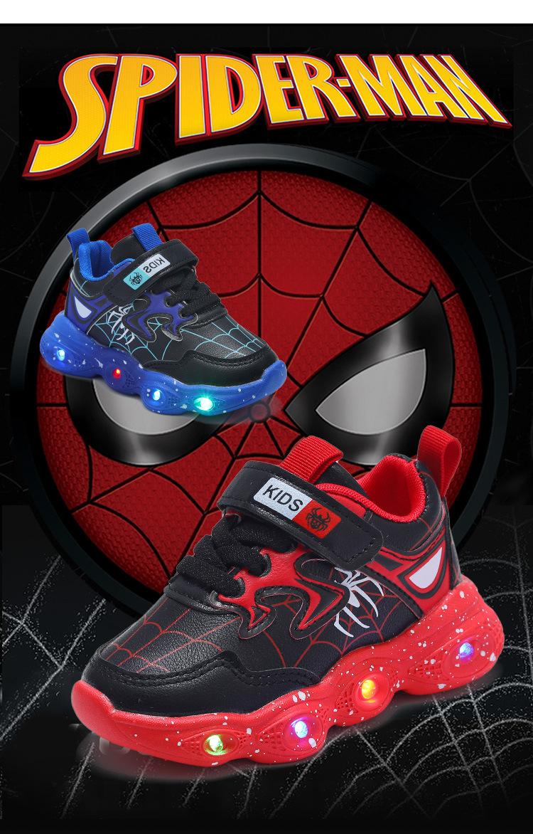 Product Introduction of Kasut Kulit Spider-Man, Gaya Korea, Musim Bunga dan Musim Luruh, Berkualiti Tinggi, Lampu LED, Kasut Kanak-kanak untuk Lelaki Berumur 1-6, Kasut Kasual Sukan, Bergaya dan Jualan Panas 2
