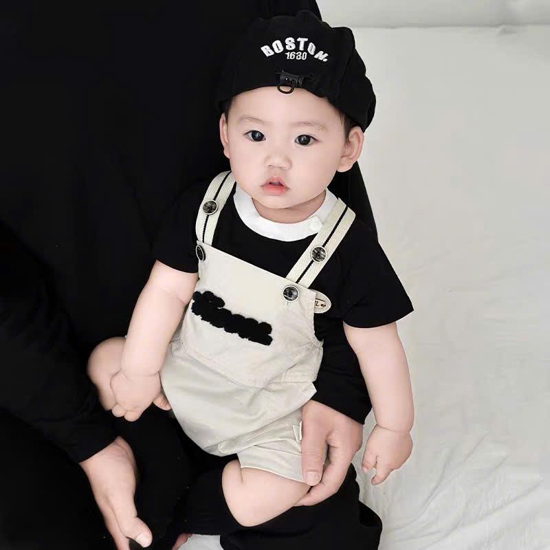 Áo + yếm Bộ body ngắn tay bodysuit Babyshop88vn cho bé trai bé gái M8.2.25-1 Jumpsuit mẫu áo đen yếm be