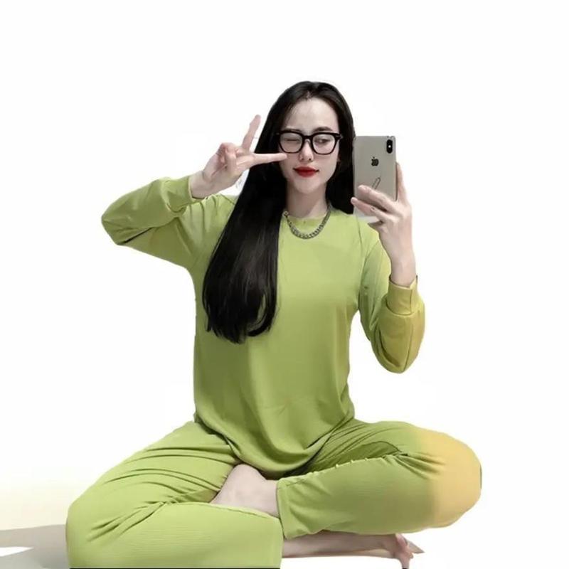 SÉT Ủ KEM ÁO CỔ TRÒN QUẦN ÔM THUN GÂN Women Top setthun set đồ bộ bigsize