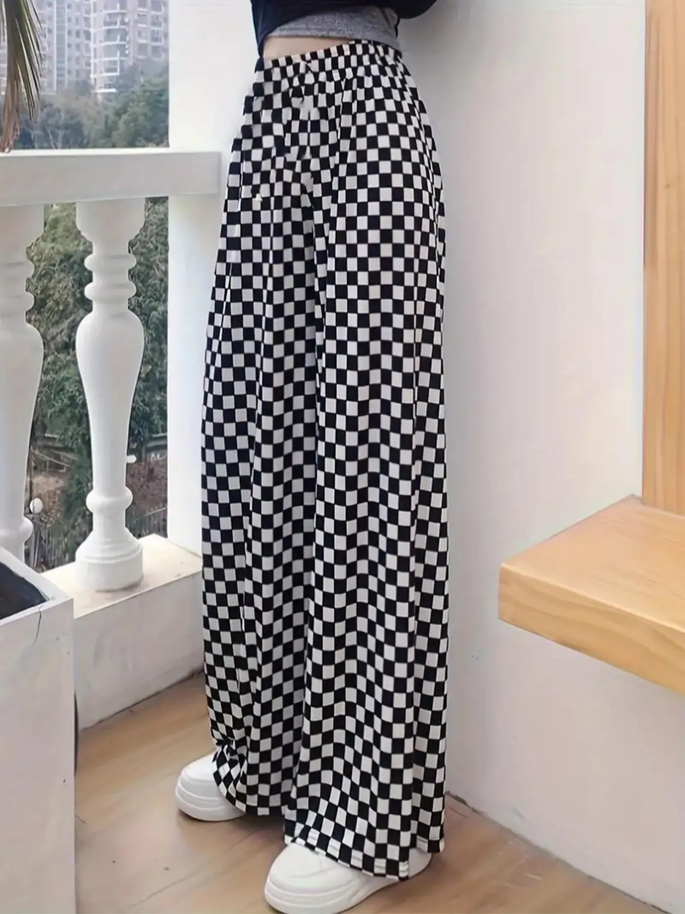 Women's Checkerboard Print Elastic Waist Wide Leg Pants, Casual Comfy High Waist Trousers for Fall & Winter, Women's Bottoms for Daily Wear