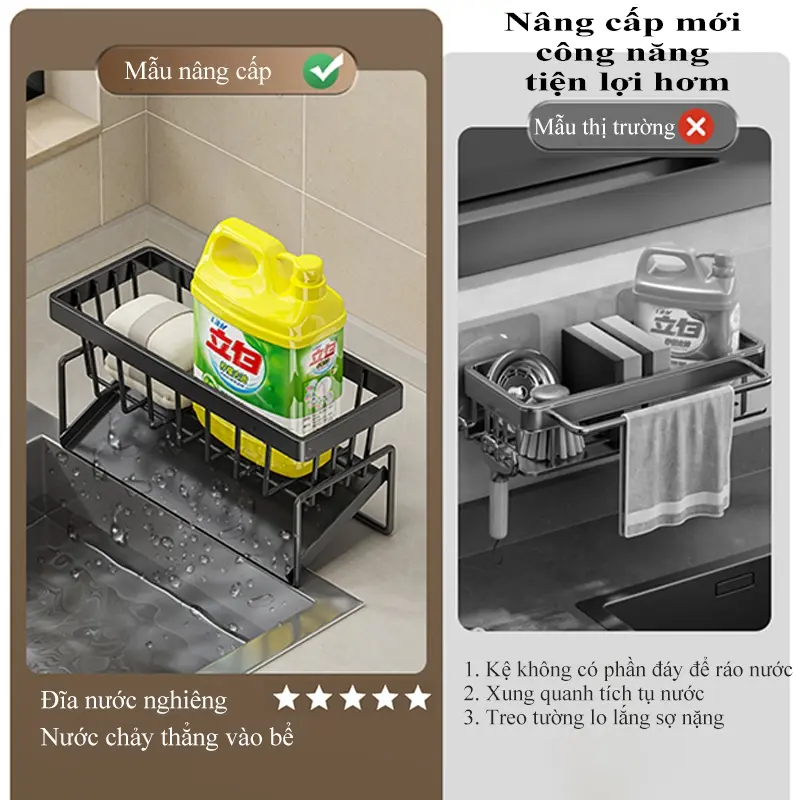 Kệ để đồ rửa chén bát, Giá đựng đồ rửa bát chất liệu thép không gỉ tích hợp giá treo khăn tiện lợi 2