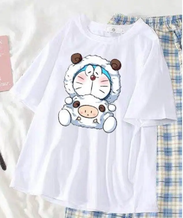 Bộ Áo Thun Nam Nữ Cổ Tròn In Hình Dora và Quần Kẻ Karo Ống Rộng Vải Thun Top 4