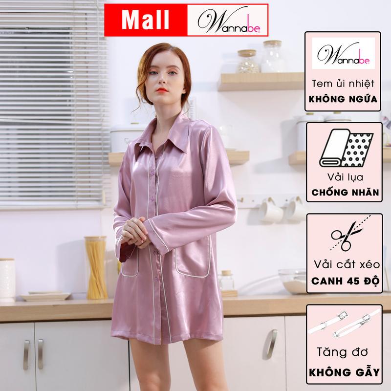 Đầm ngủ sơ mi lụa cao cấp WANNABE váy ngủ kiểu dáng pijama rộng rãi thoải mái tay dài viền gân nổi có túi tiện lợi Nữ Women Dress Đỏ Tay Loe DNS44 Tay Loe 6