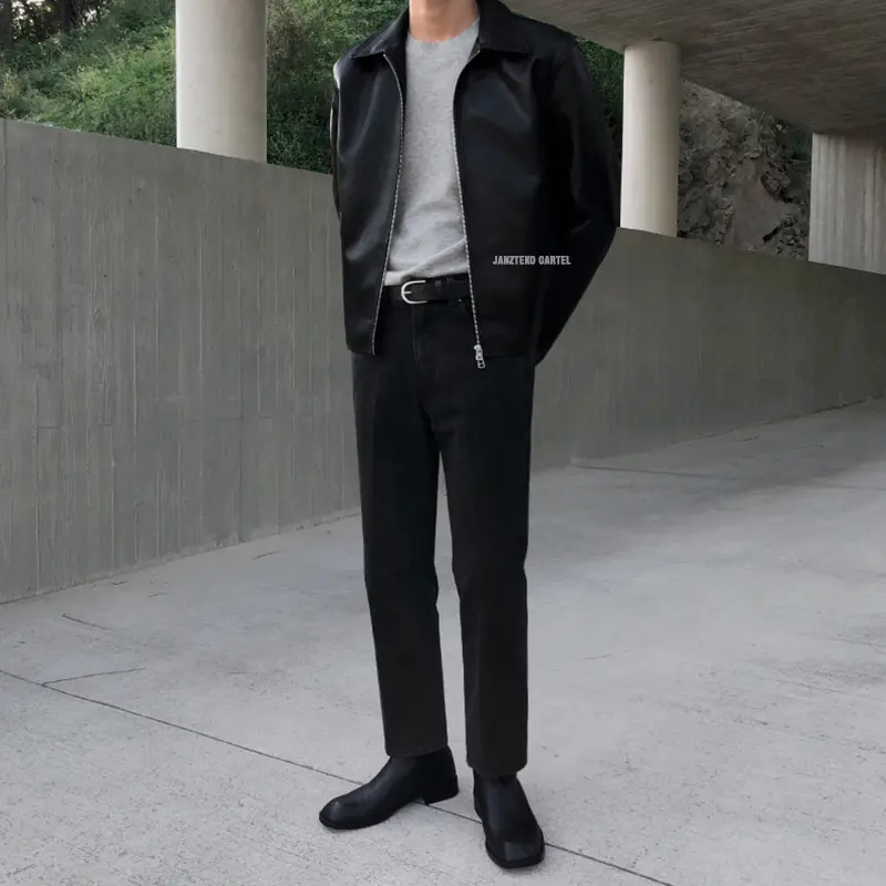 JNK x EDWIN - Jaket Vintage Pria Mafia Varsity Bahan Semi Kulit Sintetis Synthetic Leather Cowok Korea Kasual Outfit Laki Laki Baju Shirt Blazer Casual Jacket Remaja Dewasa Zipper Resleting 2