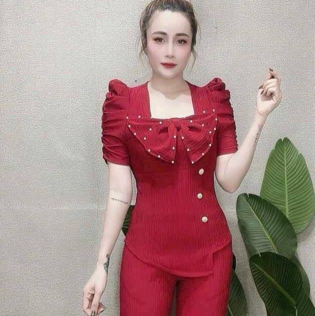 Set bộ quần dài ống ôm phối nơ ở trước áo tay phồng vải thun xốp  Women 7