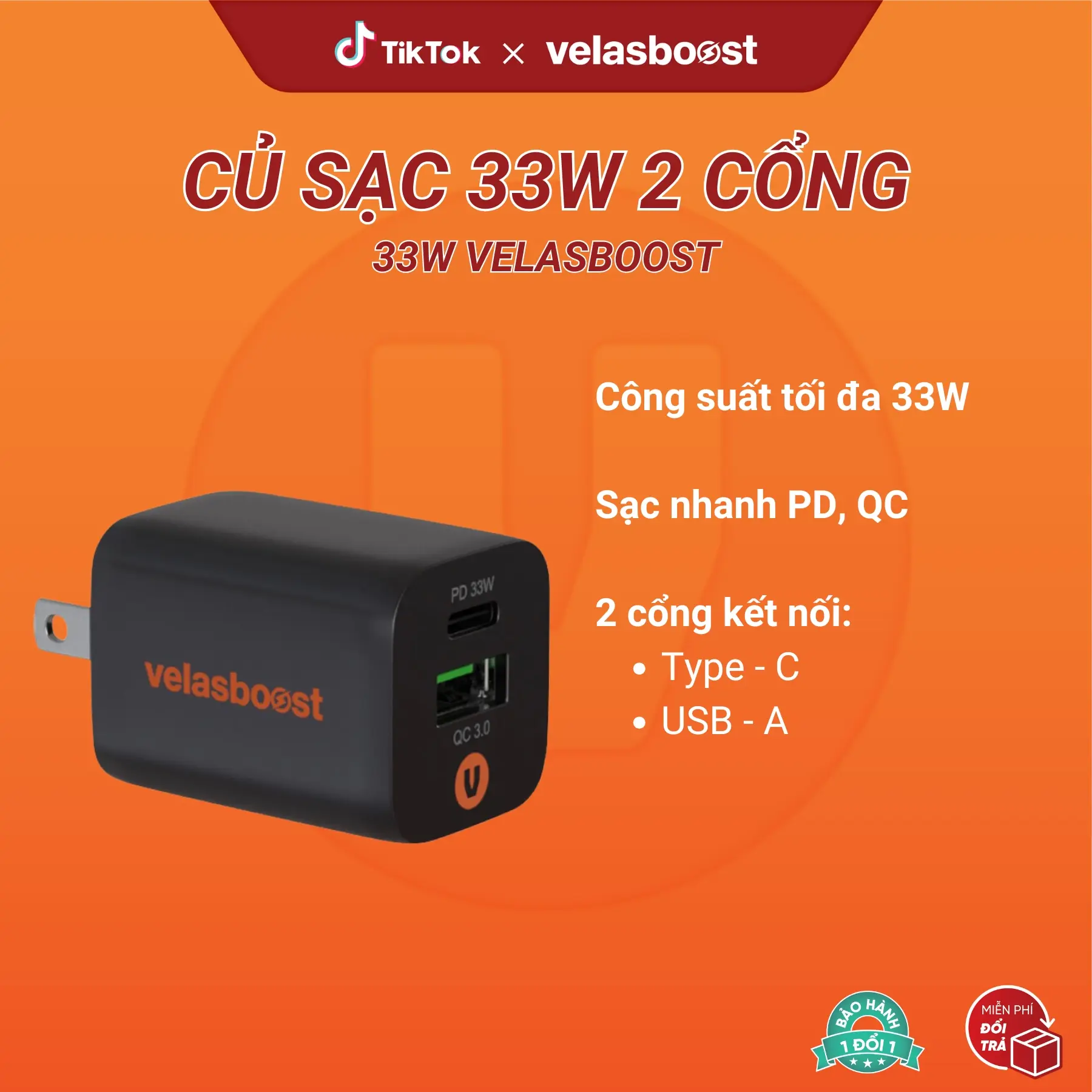 Củ sạc 2 cổng 33W velasboost, Sạc nhanh PD, QC, Kích thước nhỏ gọn, Bảo hành lỗi 1 đổi 1