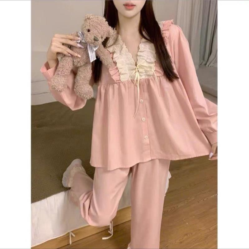 BỘ NGỦ TAY DÀI CỔ V + QUẦN DÀI CHẤT LỤA HÀN MỀM MỊN MÁT Bigsize 55-90kg Nữ Women Đen Voi Áo