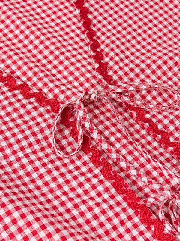 Women's Gingham Print Heart Patched Frill Trim Tie Front Blouse, Casual Checkered Print Drop Shoulder Long Sleeve V Neck Top for Fall & Winter, Women's Clothes for Daily Wear 4