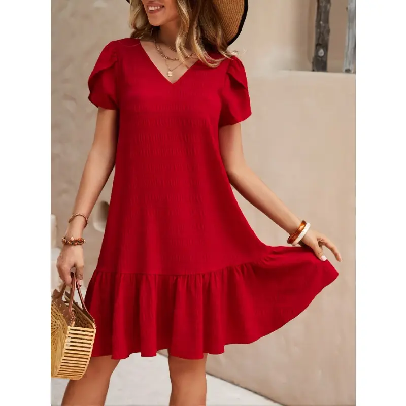Chic Ruffle Hem V Neck Loose Fit Dress - Women's Casual Short Sleeve Dresses for Spring & Summer - Breathable, Comfortable, and Flattering Clothing for Ladies