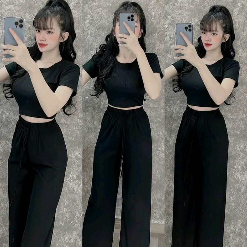 Set Đồ Bộ Nữ Quần Ống Rộng Đai Cao Kèm Áo Croptop Thun