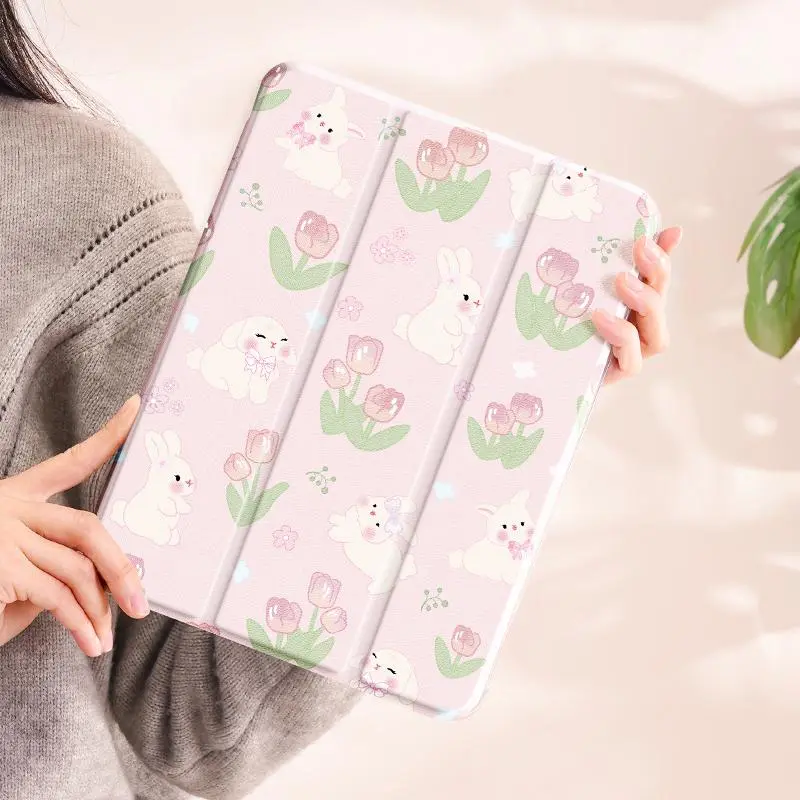 Cute Rabbit & Flower Pattern Tablet Case, Tri-fold Stand Tablet Protective Cover, Soft TPU Tablet Protector for iPad 4