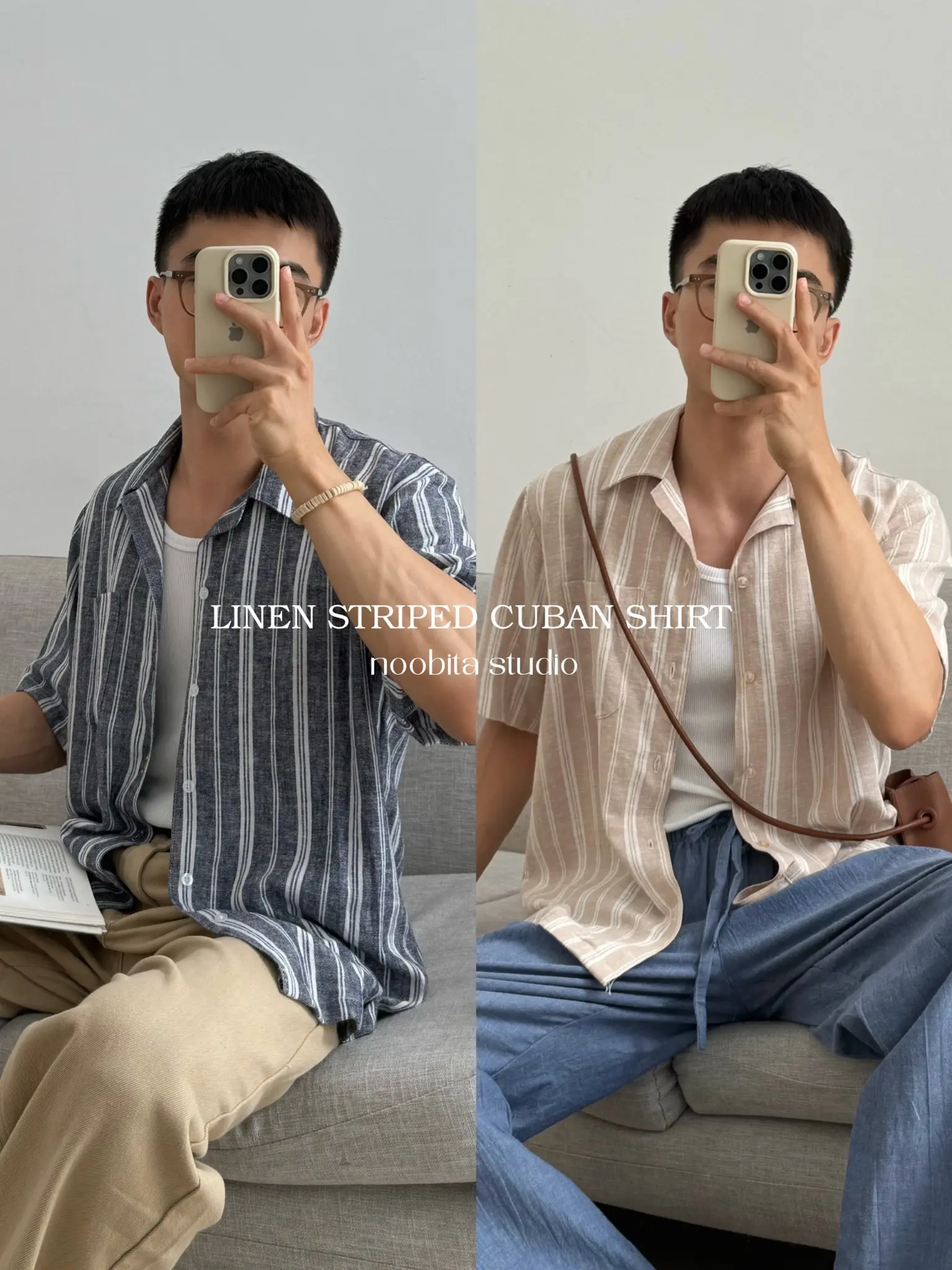 NOOBITA - Sơ mi tay ngắn kẻ sọc vải bố thô 8172