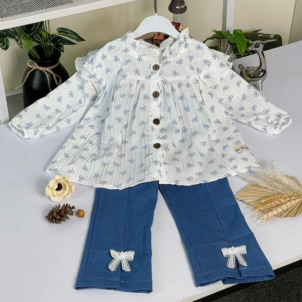 Si Baju Anak - NAKEISHA Biru Oneset Setelan Baju Anak Perempuan Lengan Panjang Motif Pita Bahan Crinkle Premium Casual Style Celana Jeans BAP-38