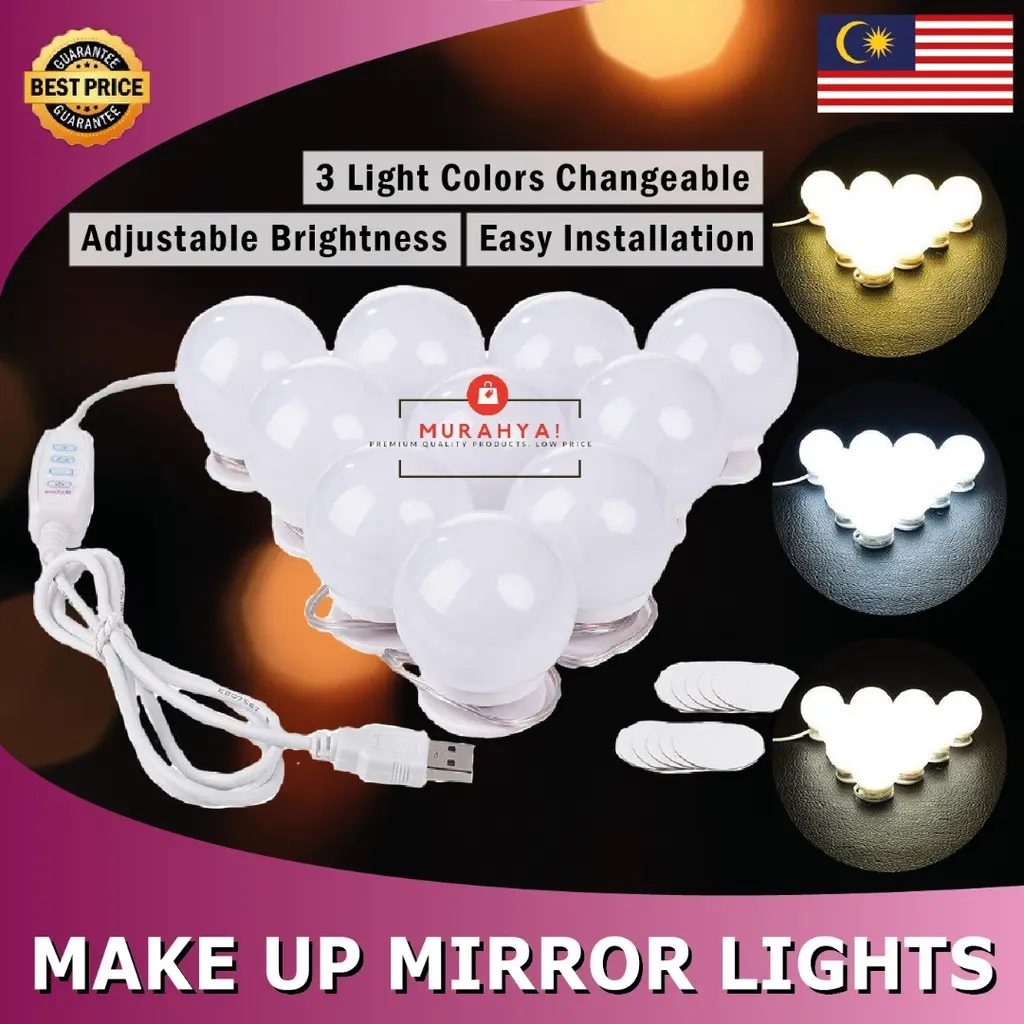 MakeUp table light Vanity mirror lighting LED lamp Lampu meja mekap 10 Bulbs adjustable dimmable 3 colors mode USB plug