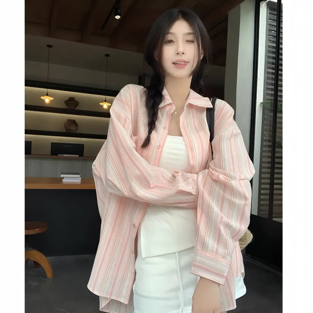 [  QIHO ] Áo kiểu nữ sơ mi dài tay kẻ sọc chất đũi 2 màu xinh pastel Qiho Women Shirt Top Kem | BigBuy360 - bigbuy360.vn